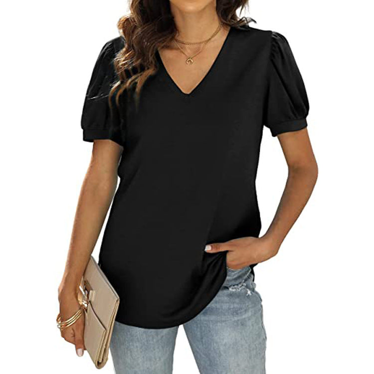 Women’s European & American Summer Casual V-Neck Puff Sleeve Loose Solid Color T-Shirt