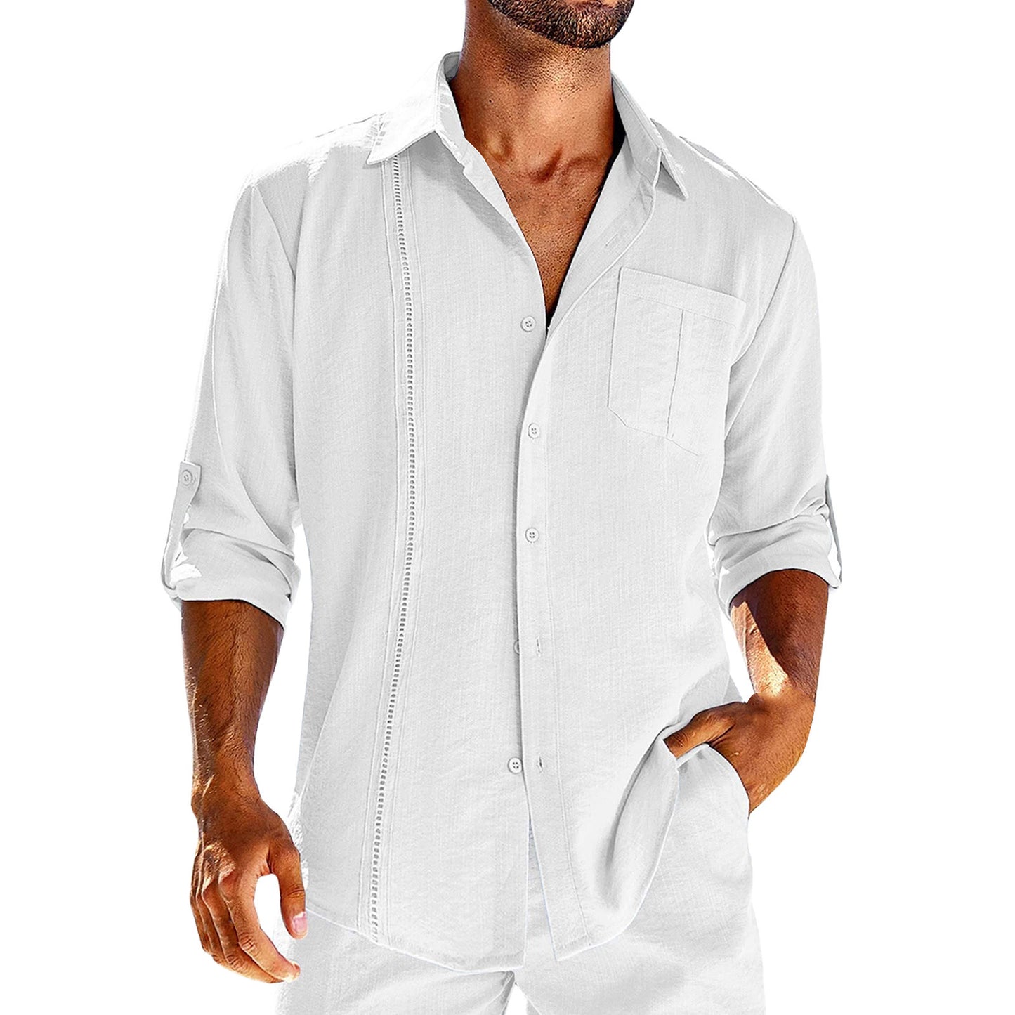 Men’s Casual Long Sleeve Polo Shirt – Solid Color Button-Up with Chest Pocket & Lace Detail
