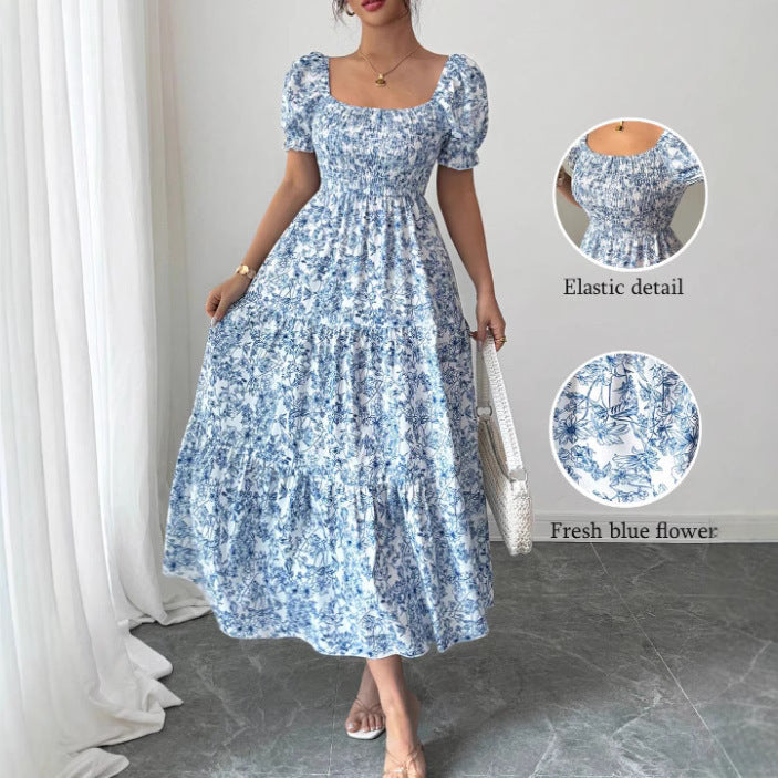 Women’s Puff Sleeve Maxi Dress – Elegant Floral Print with Square Neckline & Loose Fit