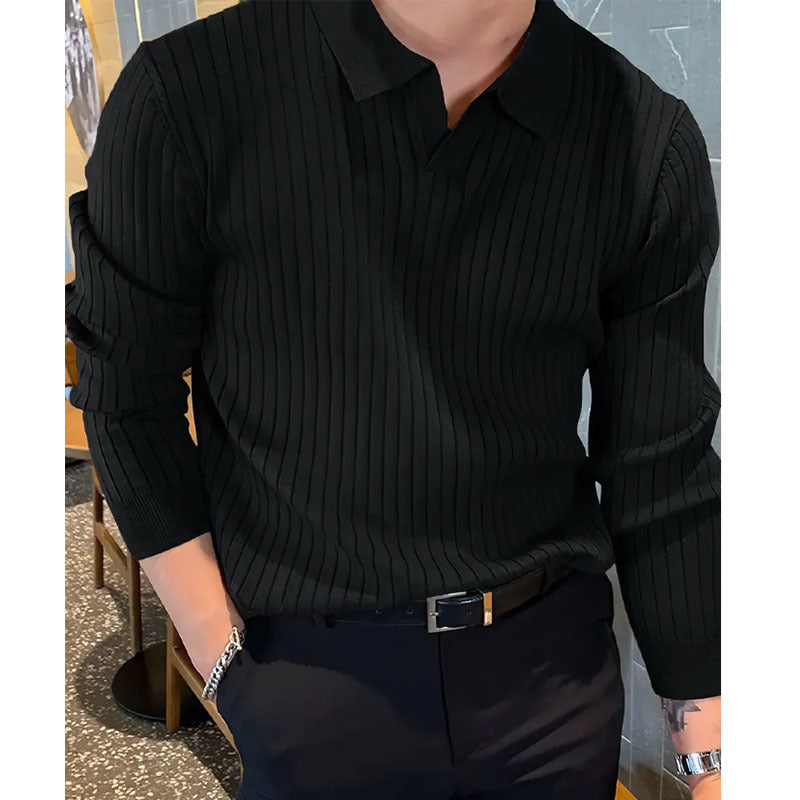 Men’s Knitted Long-Sleeve Lapel T-Shirt – Casual Stylish Pullover