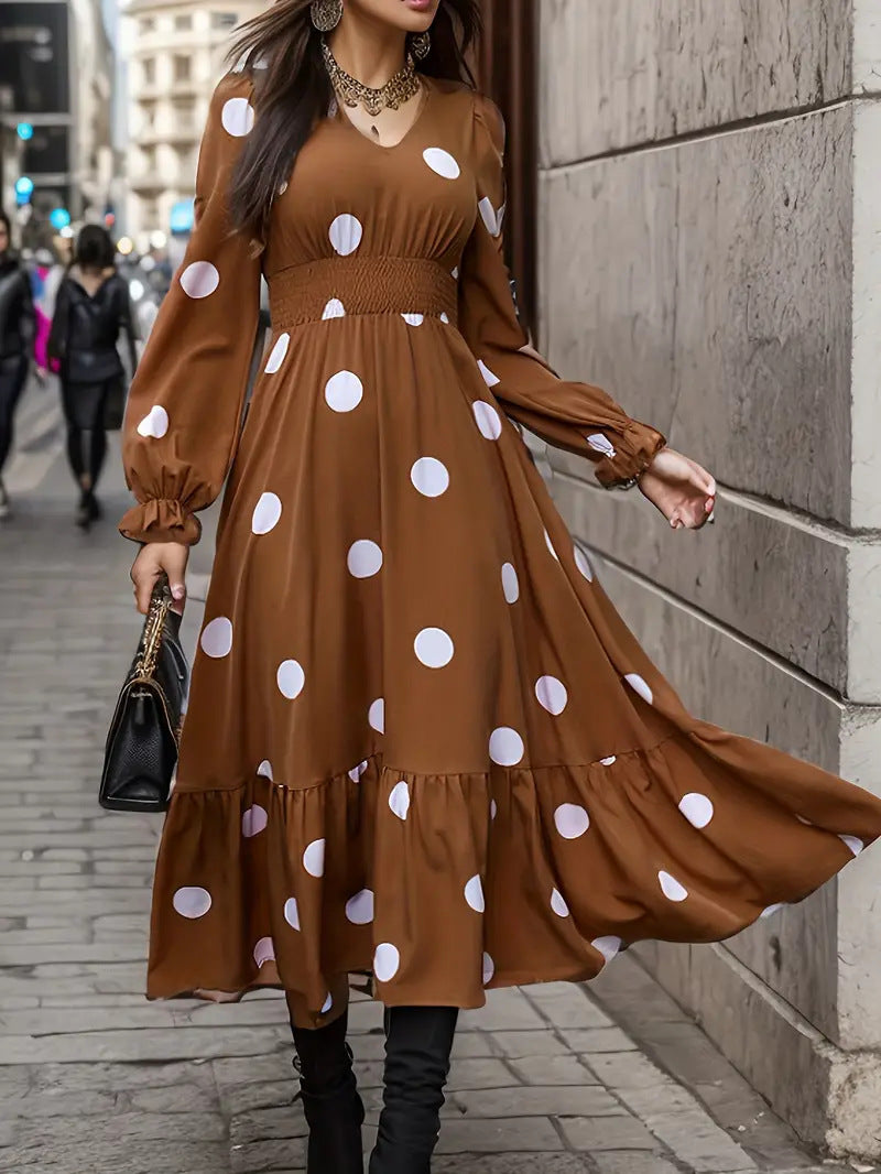 Women’s V-Neck Ruffle Hem Dress – Long Sleeve Elegant Casual Mini Dress