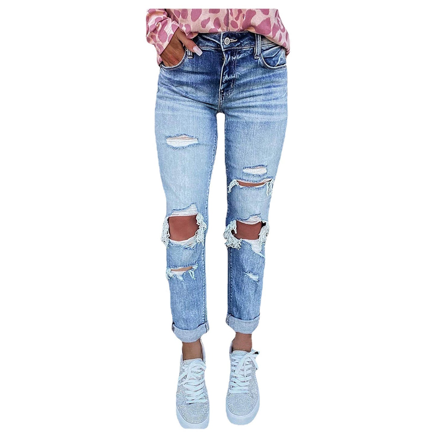 Women’s Skinny Ripped Hand-Worn Jeans – Distressed Denim Pants