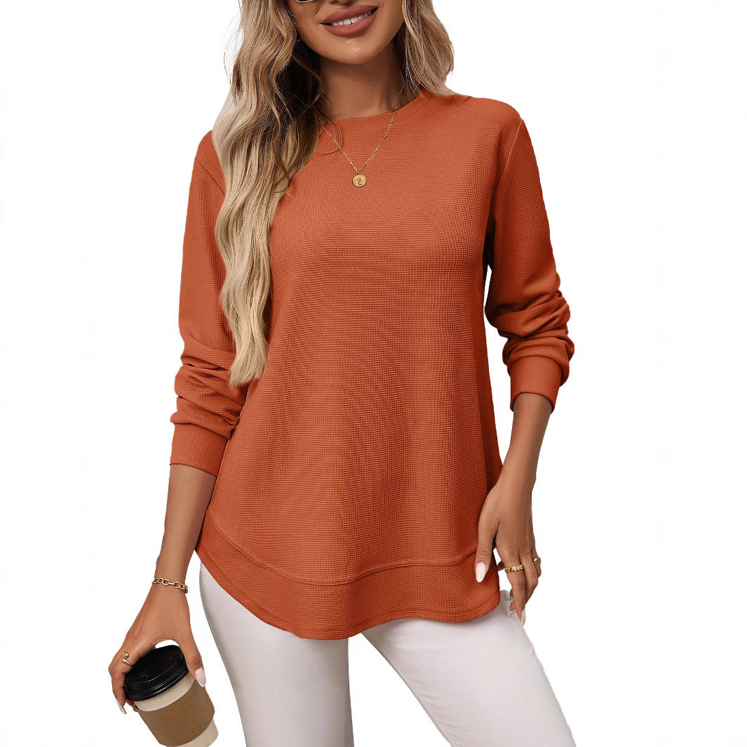 Women’s European & American Loose Waffle Knit Casual All-Match Long Sleeve T-Shirt