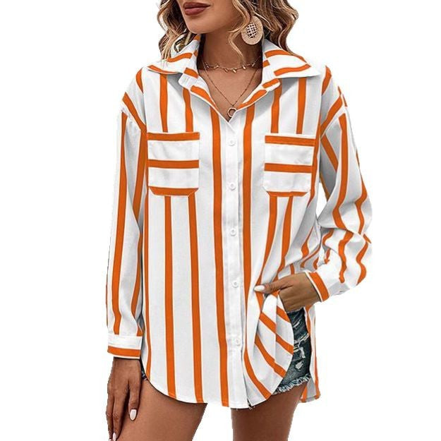 Women’s Multi-Color Vertical Stripe Shirt Coat – Trendy Lightweight Outerwear