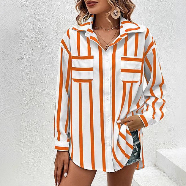 Women’s Multi-Color Vertical Stripe Shirt Coat – Trendy Lightweight Outerwear