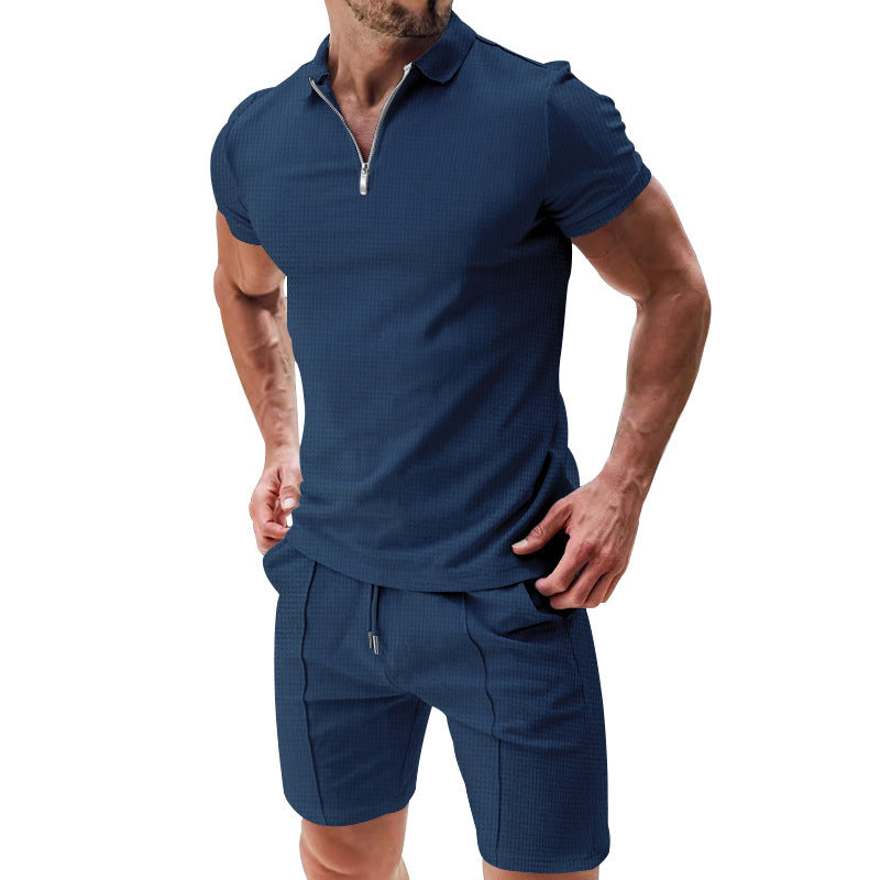 Men’s 2-Piece Casual Waffle Knit Summer Set – Zipper Lapel Short Sleeve Top & Drawstring Shorts