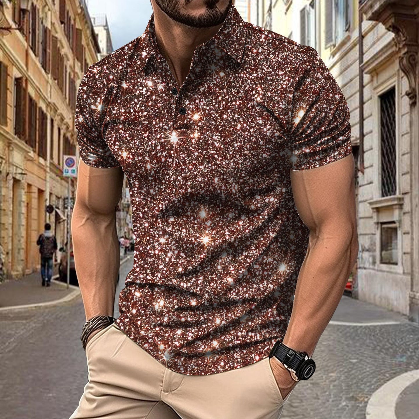 Men’s Digital Print Polo Shirt – Button Up Streetwear Casual T-Shirt
