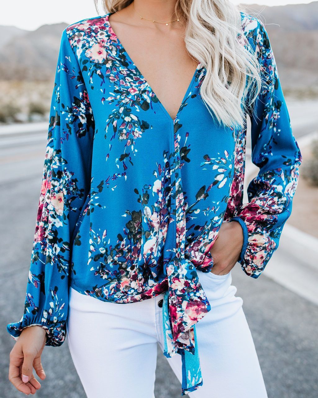 Women’s V-Neck Knotted Shirt – Long Sleeve Vintage Print Top, Casual Fashion Blouse