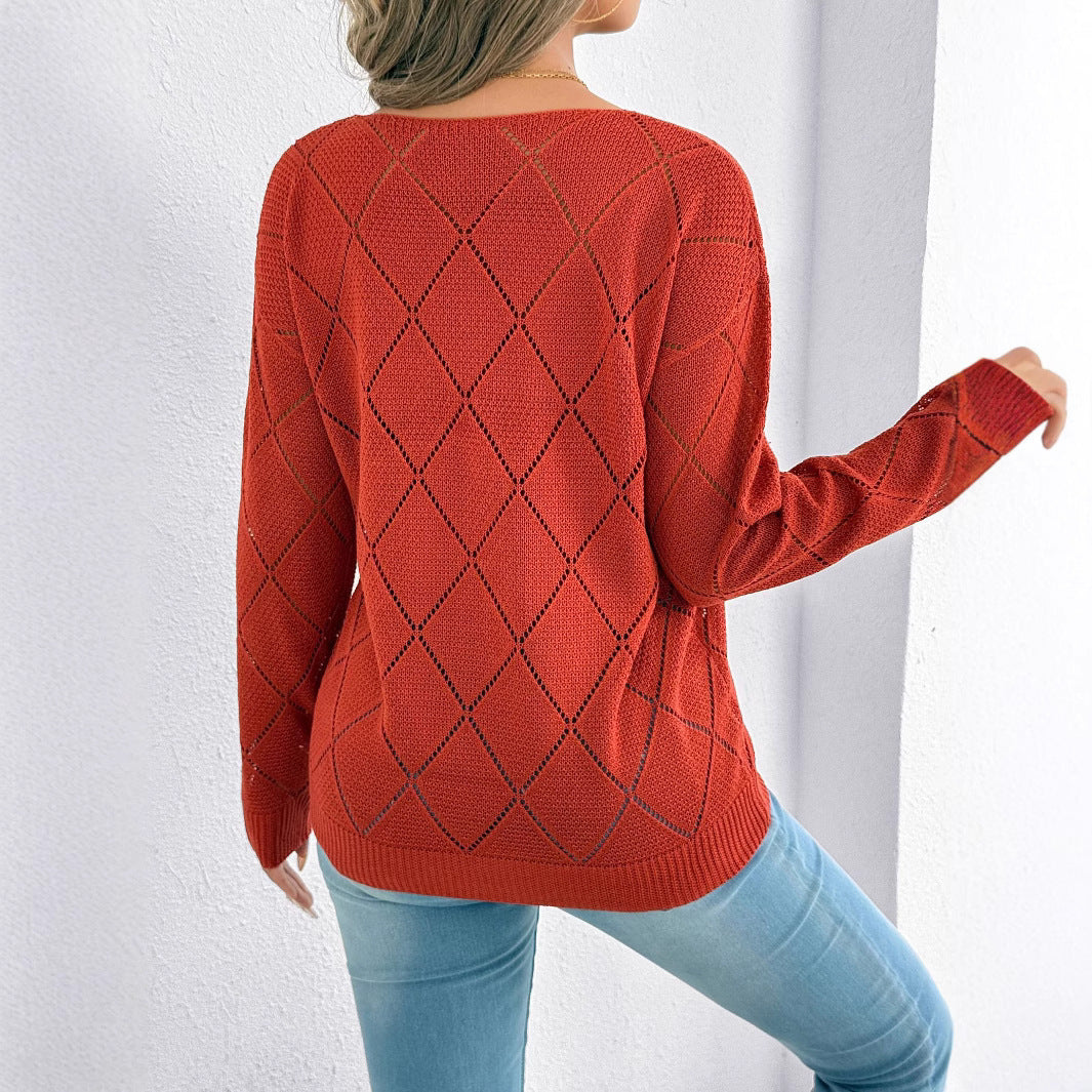 Women’s V-Neck Cutout Plaid Sweater – Sexy Long Sleeve Solid Color Knit Top