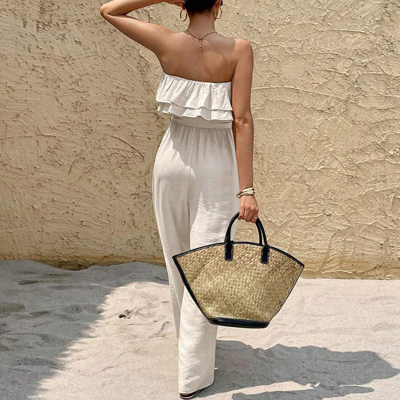 Women’s Summer Sleeveless Tube Top Jumpsuit – Ruffled Tie-Waist Casual Romper