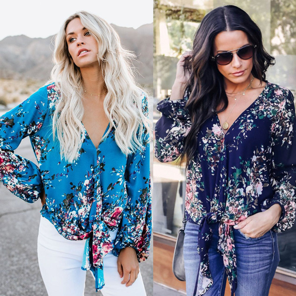 Women’s V-Neck Knotted Shirt – Long Sleeve Vintage Print Top, Casual Fashion Blouse