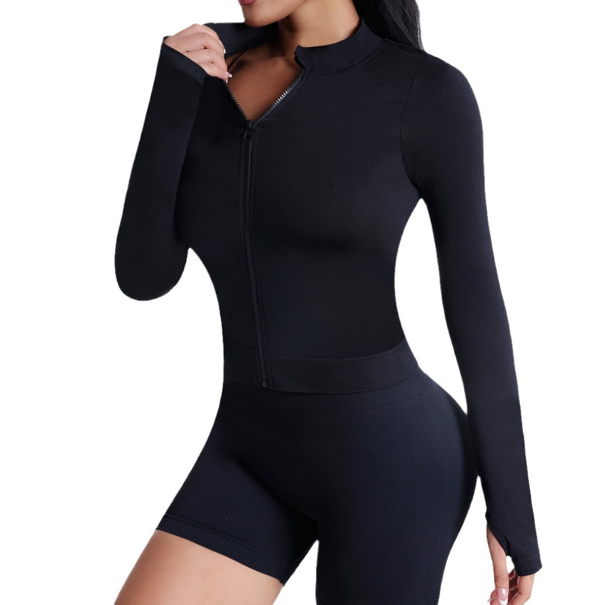Women's Black Seamless Zip-Up Long Sleeve Sportswear Shirt – Athletic Performance Top