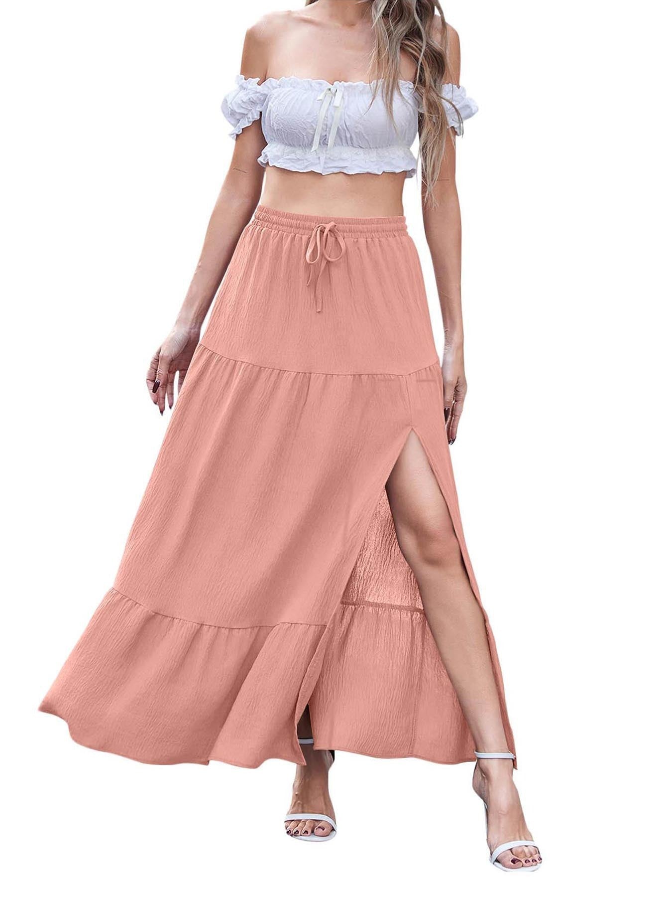 Women’s Bohemian Solid Color Skirt – Side Slit A-Line Casual Midi Skirt