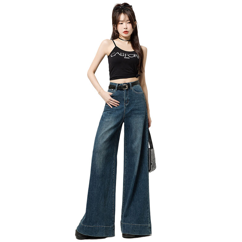 Women’s Dark Blue High-Waist Wide-Leg Pants – Korean Style Loose Fit with Raw Hem