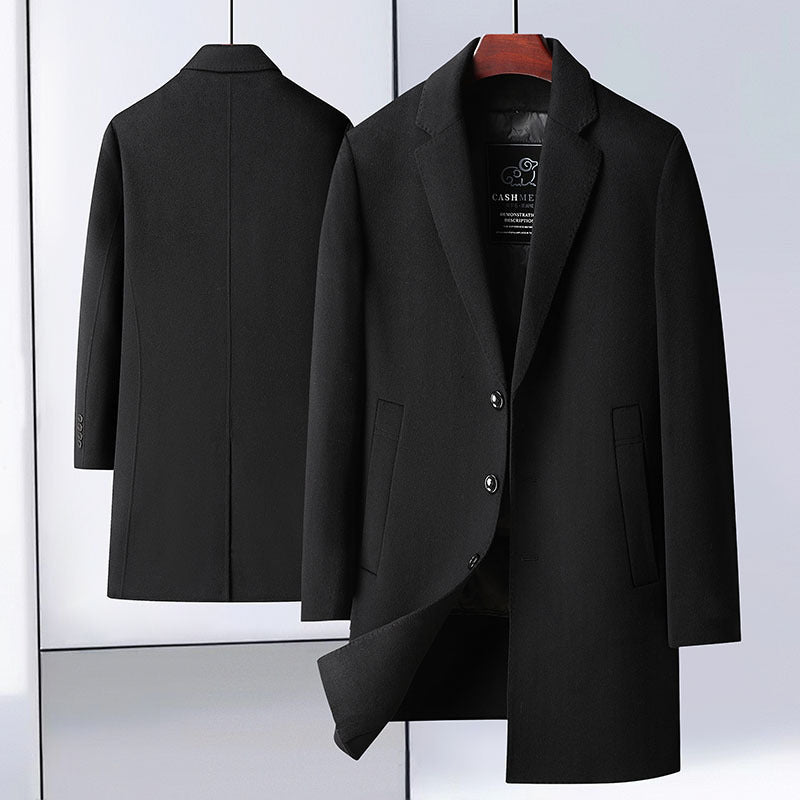 Men’s Handmade Wool Coat – Mid-Length Suit Collar Overcoat with Removable Goose Down Liner