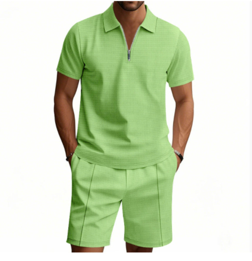 Men’s 2-Piece Casual Waffle Knit Summer Set – Zipper Lapel Short Sleeve Top & Drawstring Shorts