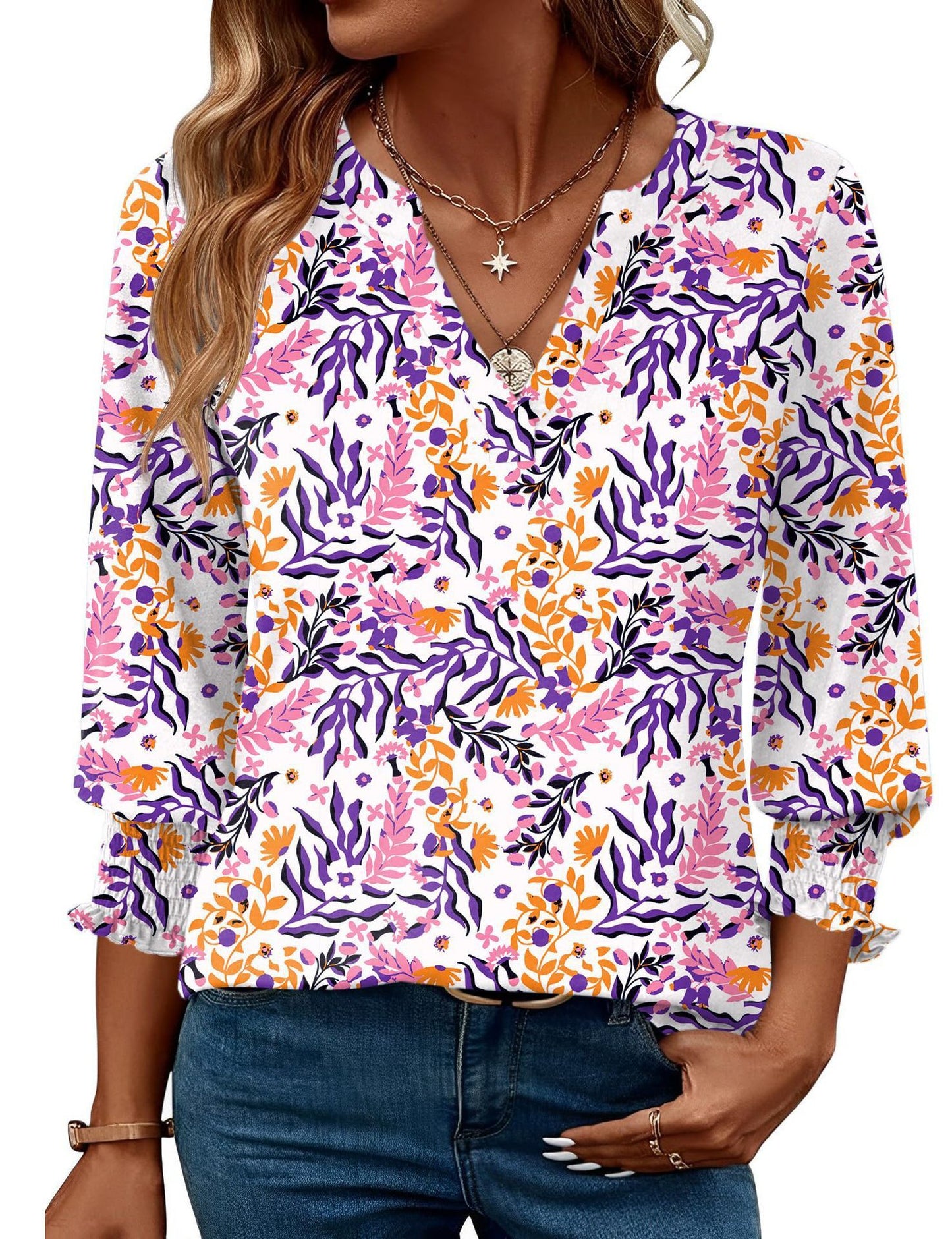 Women’s Three-Quarter Sleeve Floral Print Casual Shirt – Stylish Everyday Top