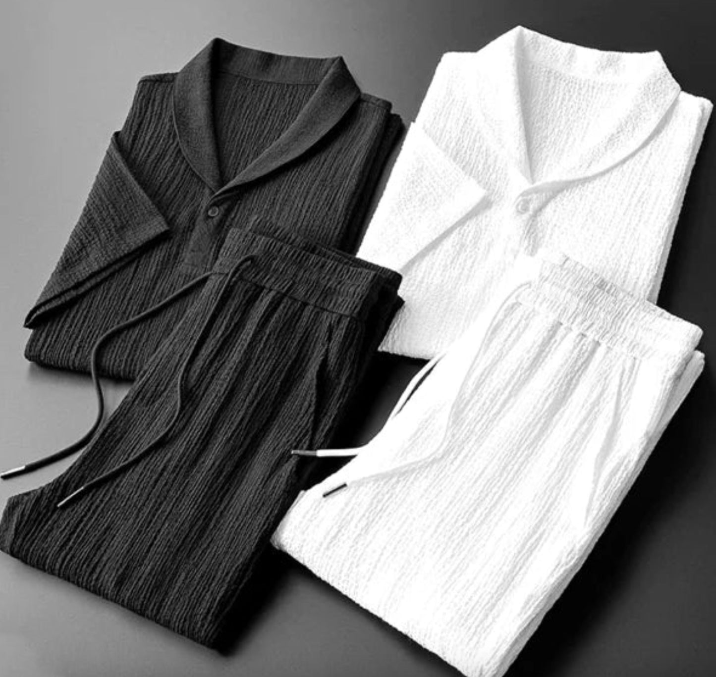 Men’s Summer Leisure Suit – Loose Short Sleeve Top & Drawstring Trousers Set