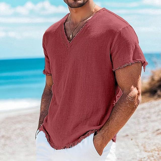 Men’s Cotton-Linen Solid Color Short Sleeve Shirt – Lightweight Summer Top