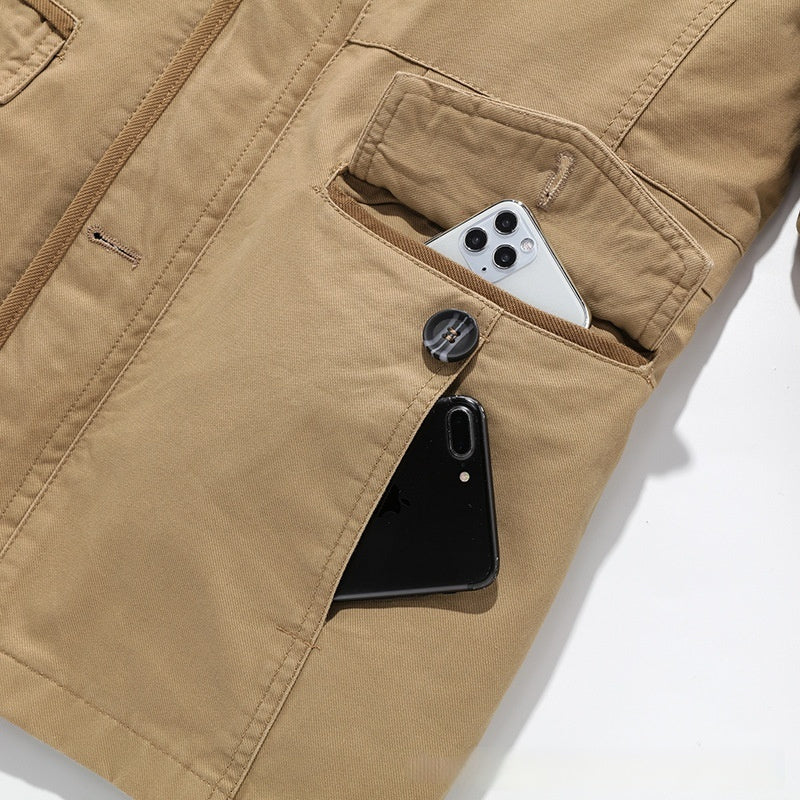 Men’s Washed Cotton Trench Coat – Plus Size Mid-Length Jacket with Stand Collar