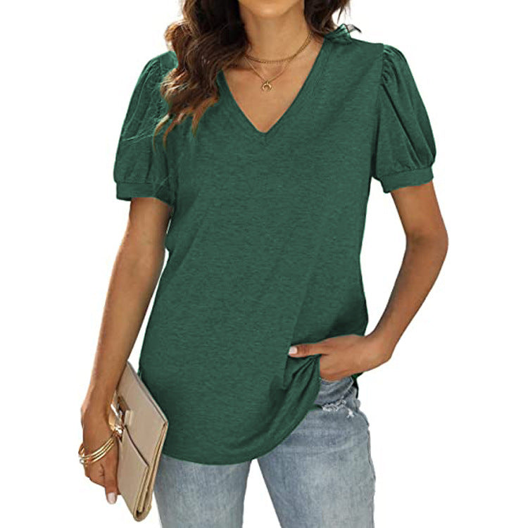 Women’s European & American Summer Casual V-Neck Puff Sleeve Loose Solid Color T-Shirt