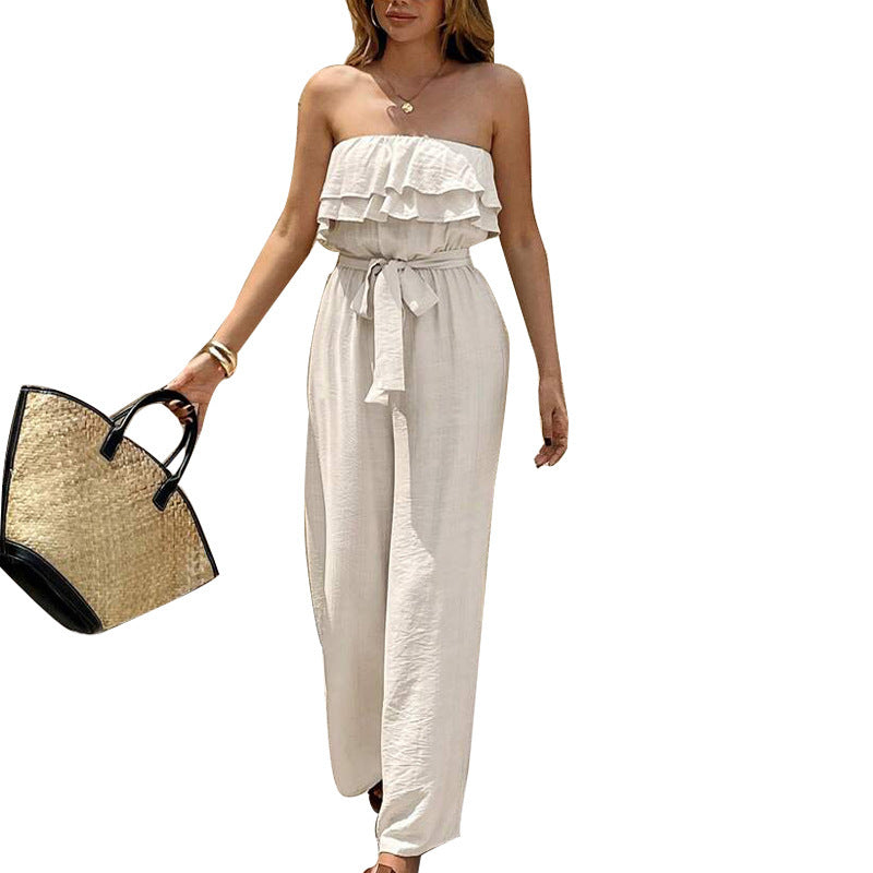 Women’s Summer Sleeveless Tube Top Jumpsuit – Ruffled Tie-Waist Casual Romper