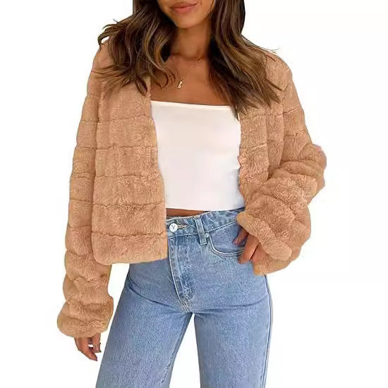Women’s Faux Fur Cardigan – Long Sleeve Front Open Short Coat, Cozy Winter Outerwear