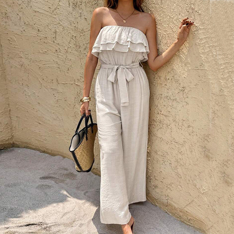 Women’s Summer Sleeveless Tube Top Jumpsuit – Ruffled Tie-Waist Casual Romper