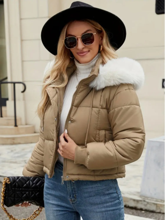 Women’s Mint Green Puffer Jacket – Chic Hooded Coat with Faux Fur Trim