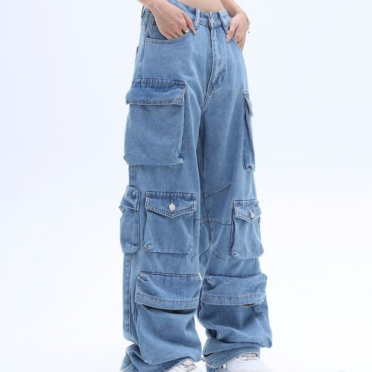 Women's Washed Baggy Jeans – Multi-Pocket High Street Style Denim Pants