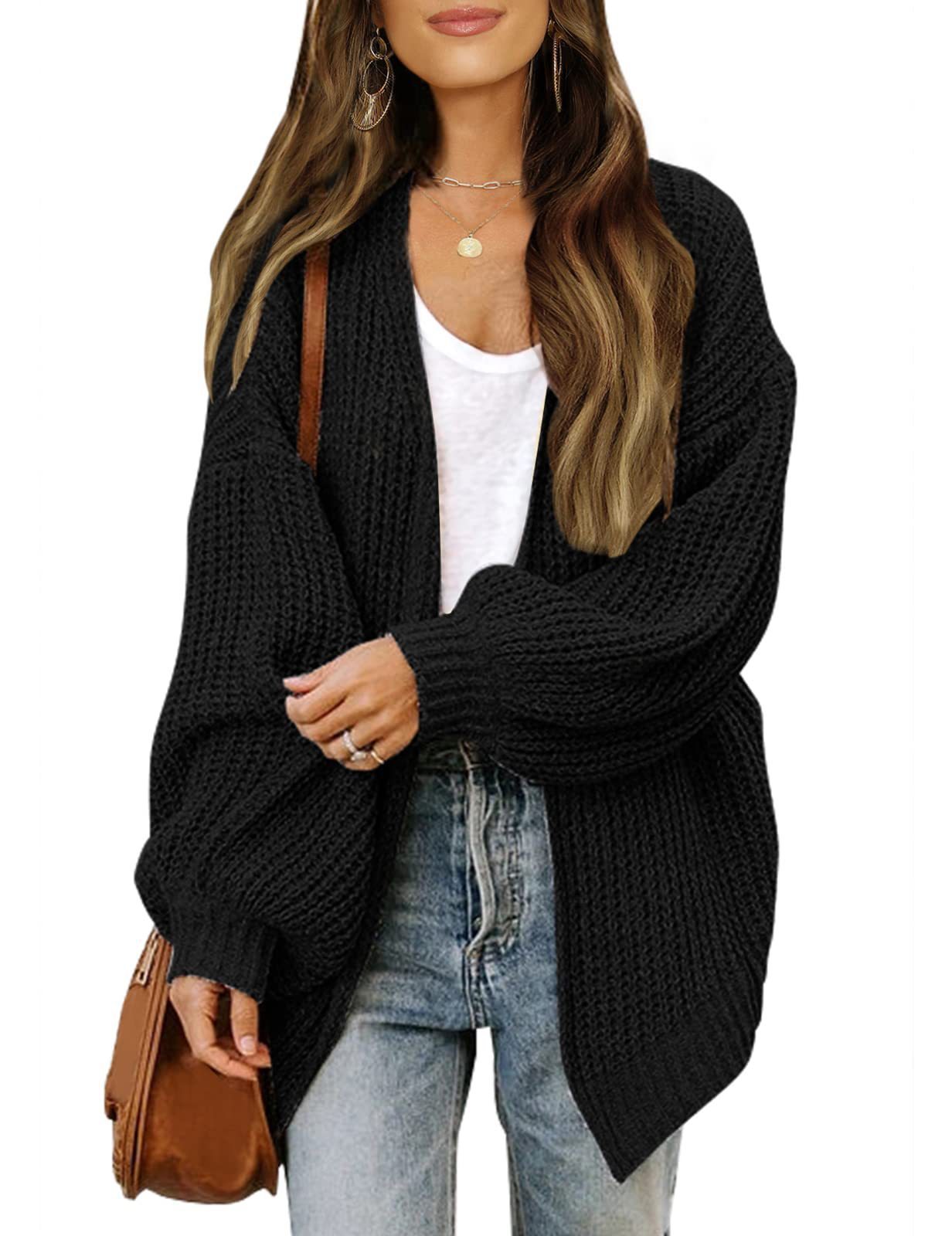 Women’s Lantern Sleeve Knit Cardigan – Casual Loose-Fit Sweater with Pockets for Fall