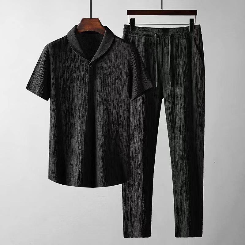 Men’s Summer Leisure Suit – Loose Short Sleeve Top & Drawstring Trousers Set