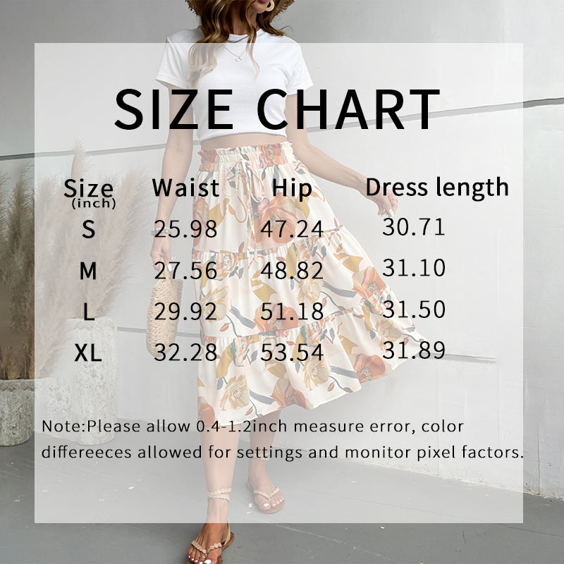 Women’s Floral Tiered Midi Skirt – Elastic Waist A-Line Boho Casual Dressy Skirt