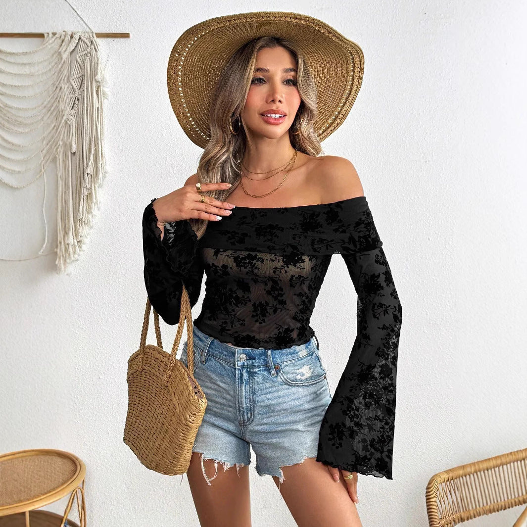 Women’s European & American Mesh Flocking Floral Print Off-Shoulder Slim T-Shirt with Flared Sleeves