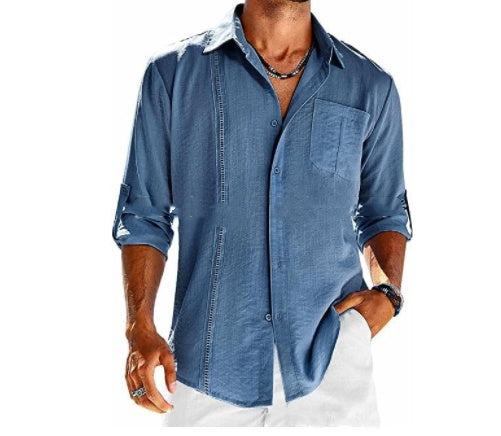 Men’s Casual Long Sleeve Polo Shirt – Solid Color Button-Up with Chest Pocket & Lace Detail