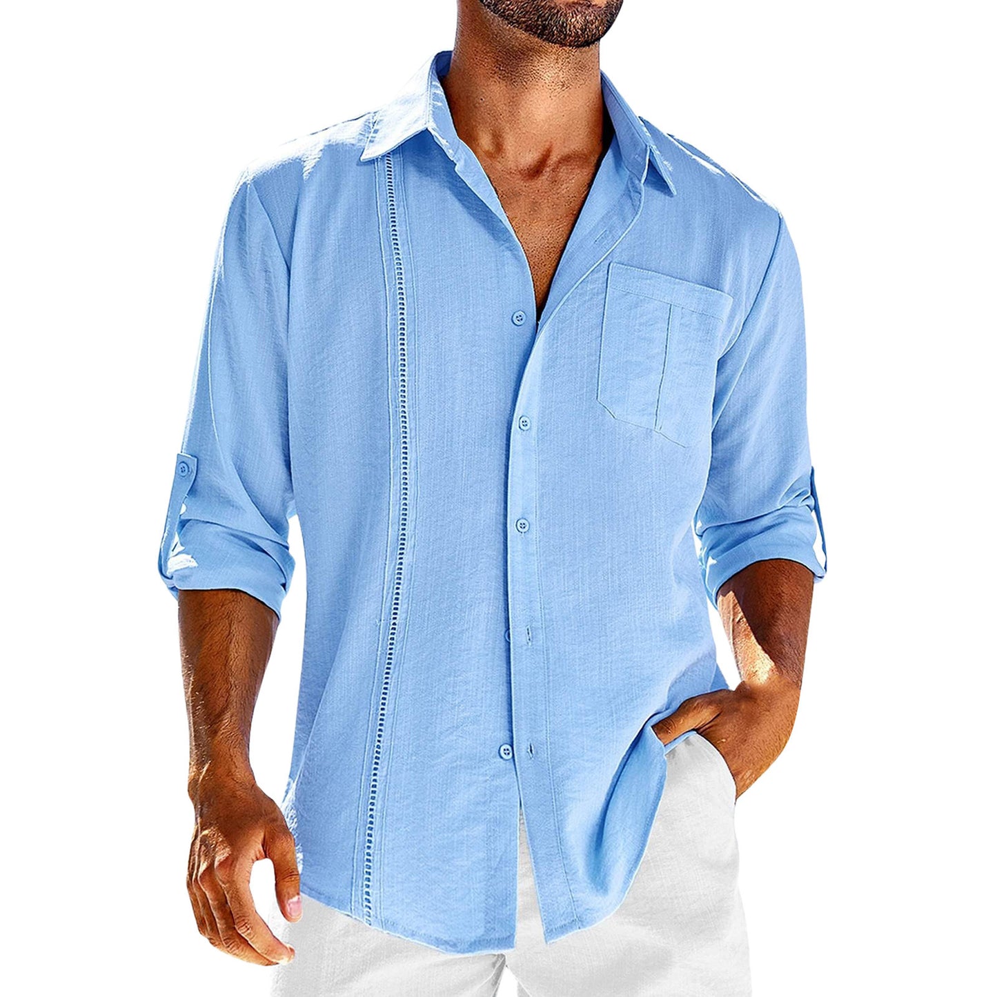 Men’s Casual Long Sleeve Polo Shirt – Solid Color Button-Up with Chest Pocket & Lace Detail