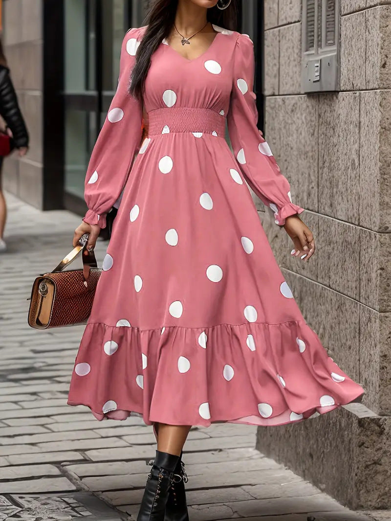 Women’s V-Neck Ruffle Hem Dress – Long Sleeve Elegant Casual Mini Dress