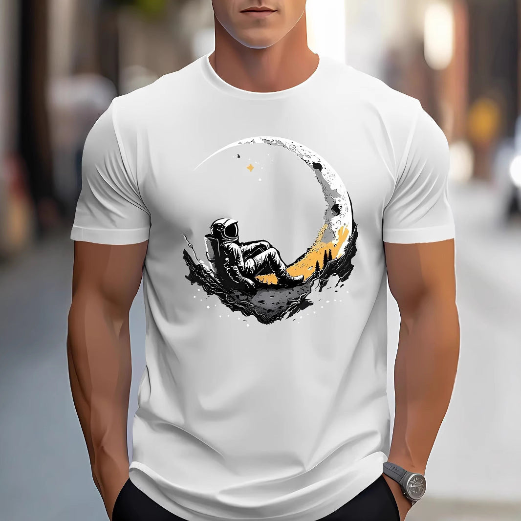 Men’s Astronaut Moon Graphic T-Shirt – Casual Short Sleeve Polyester Tee