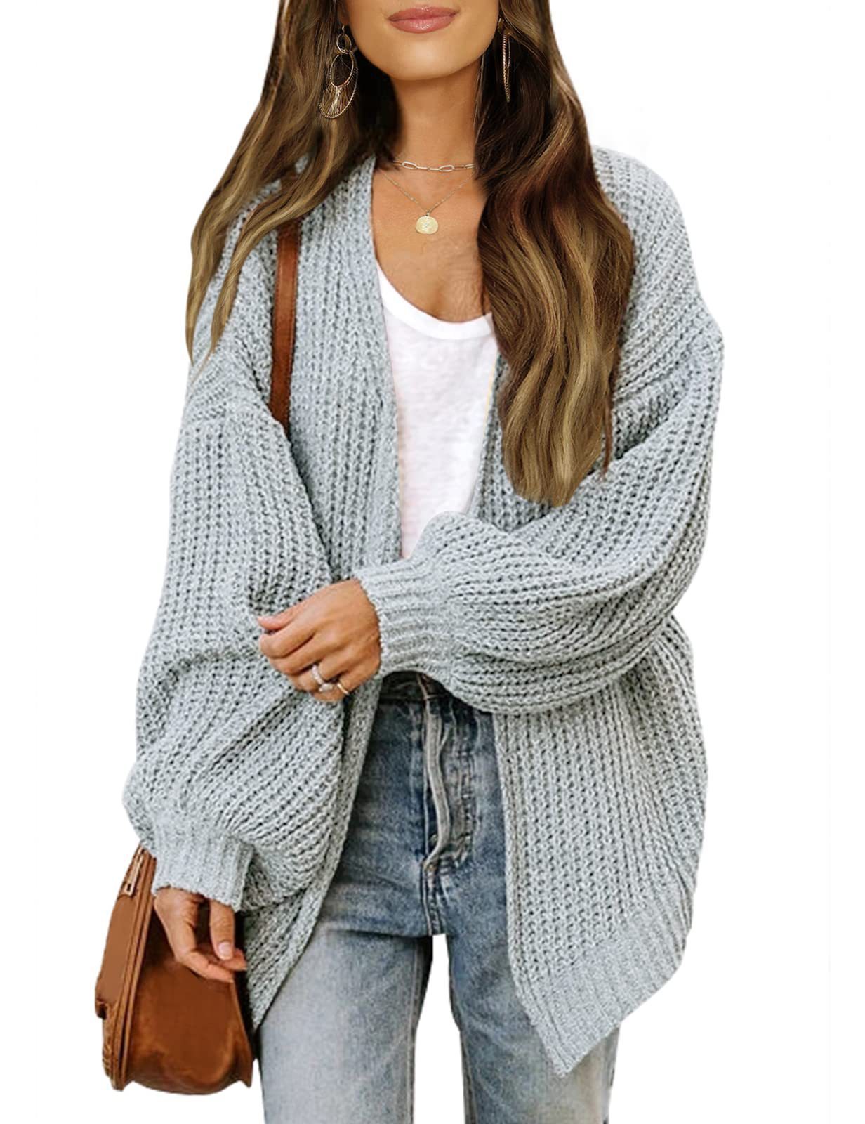 Women’s Lantern Sleeve Knit Cardigan – Casual Loose-Fit Sweater with Pockets for Fall