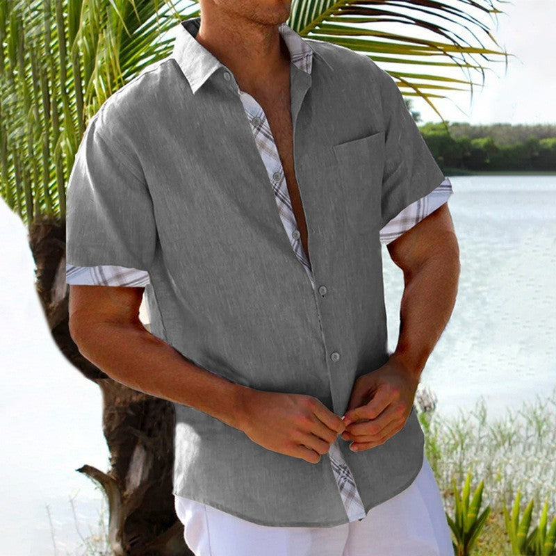 Men’s Short Sleeve Vacation Shirt – Summer Beach Top with Plaid Side Detail