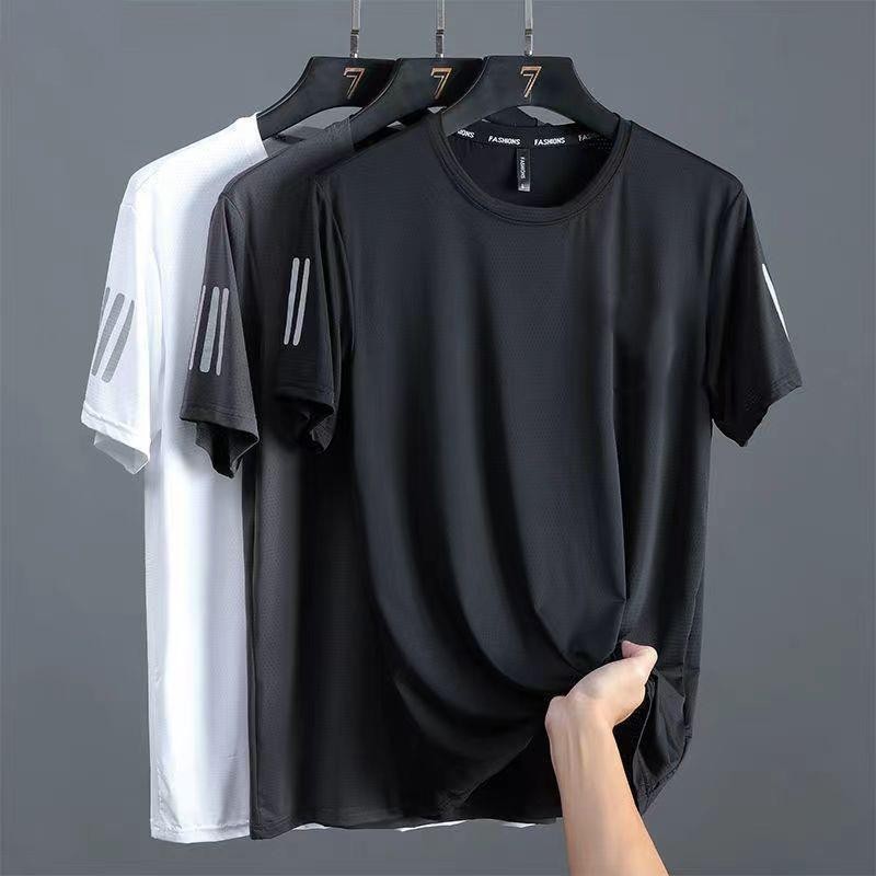 Men’s Summer Ice Silk T-Shirt – Solid Color Round Neck Sporty Casual Top