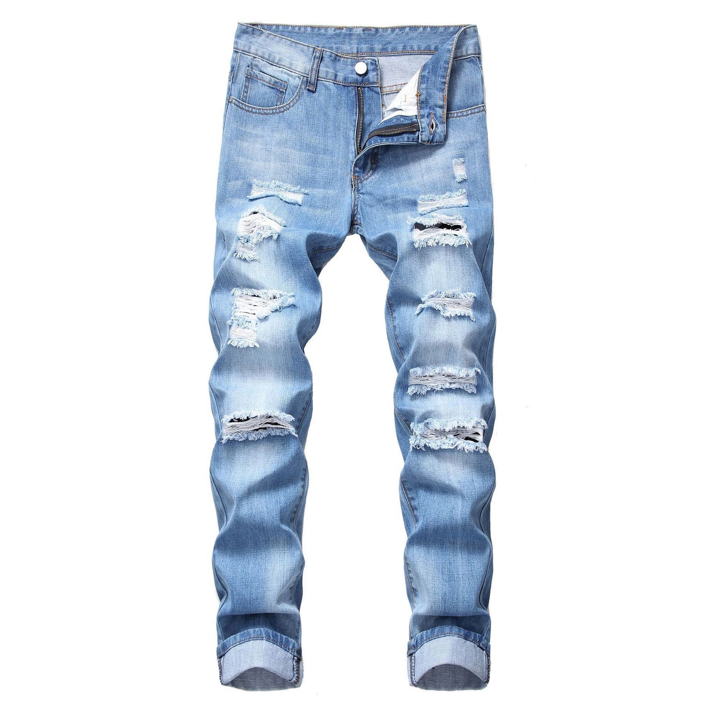 Men’s Ripped Straight-Leg Slim Fit Jeans – Non-Stretch Distressed Denim Pants