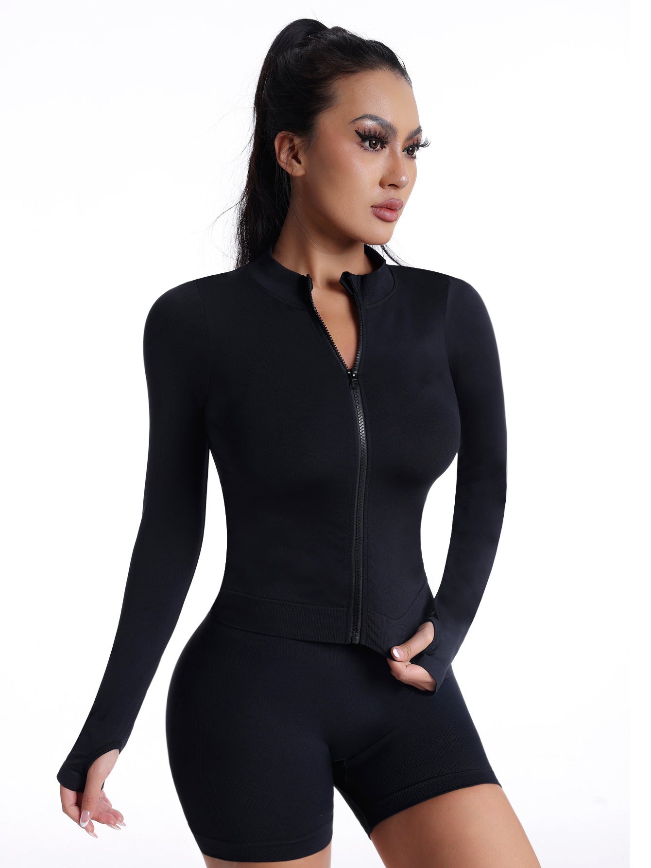 Women's Black Seamless Zip-Up Long Sleeve Sportswear Shirt – Athletic Performance Top