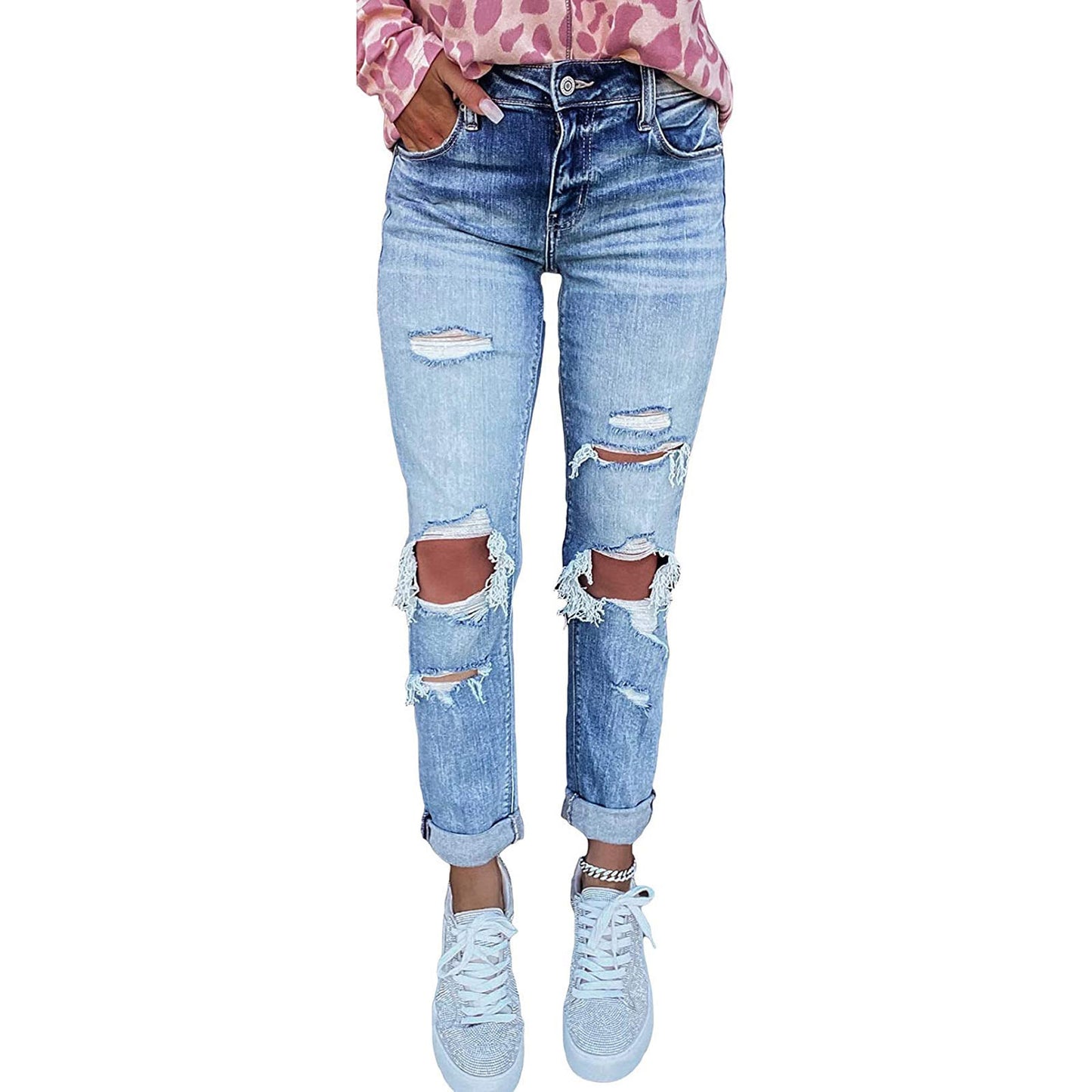 Women’s Skinny Ripped Hand-Worn Jeans – Distressed Denim Pants