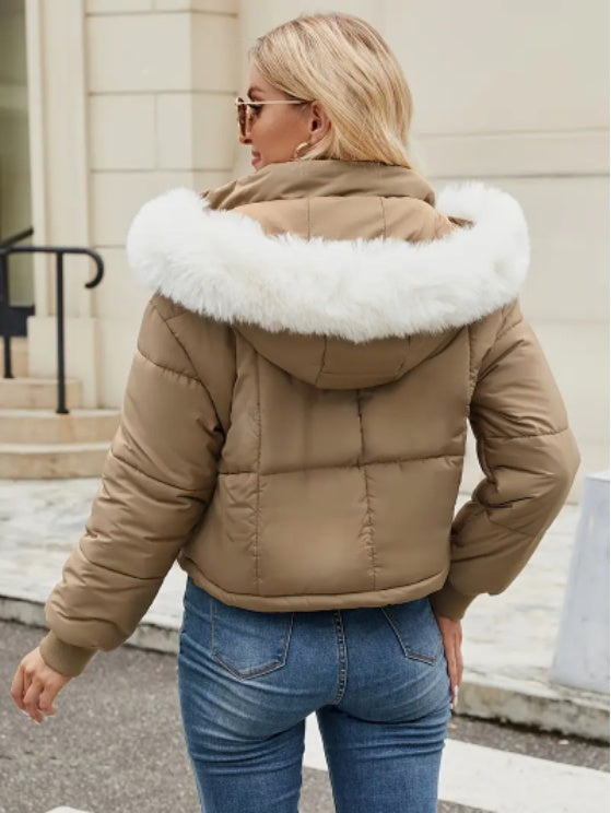 Women’s Mint Green Puffer Jacket – Chic Hooded Coat with Faux Fur Trim