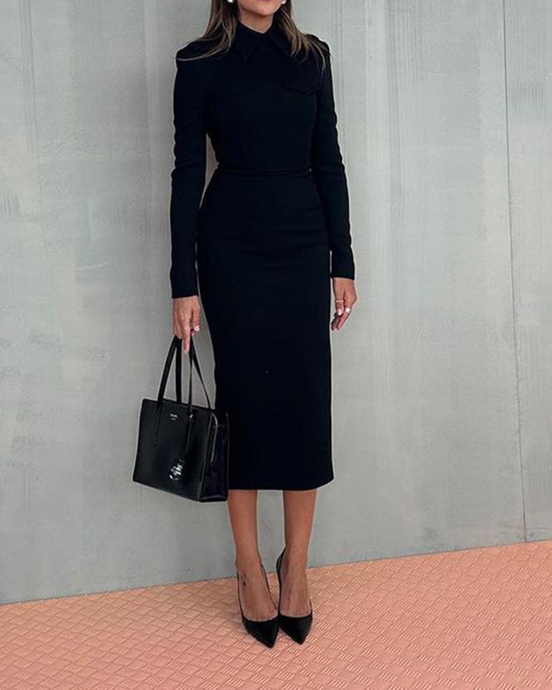 Women’s Autumn Polo Collar Long Sleeve Slim Fit Sheath Dress – Elegant Workwear