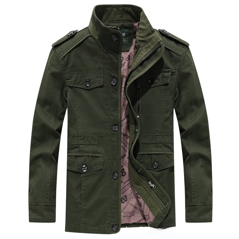 Men’s Washed Cotton Trench Coat – Plus Size Mid-Length Jacket with Stand Collar