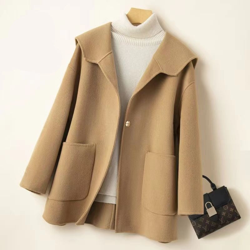 Women’s Reversible Cashmere Coat – Plus Size Loose Fit Jacket with Sailor Collar