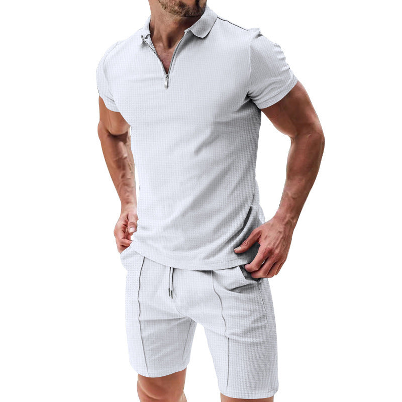 Men’s 2-Piece Casual Waffle Knit Summer Set – Zipper Lapel Short Sleeve Top & Drawstring Shorts