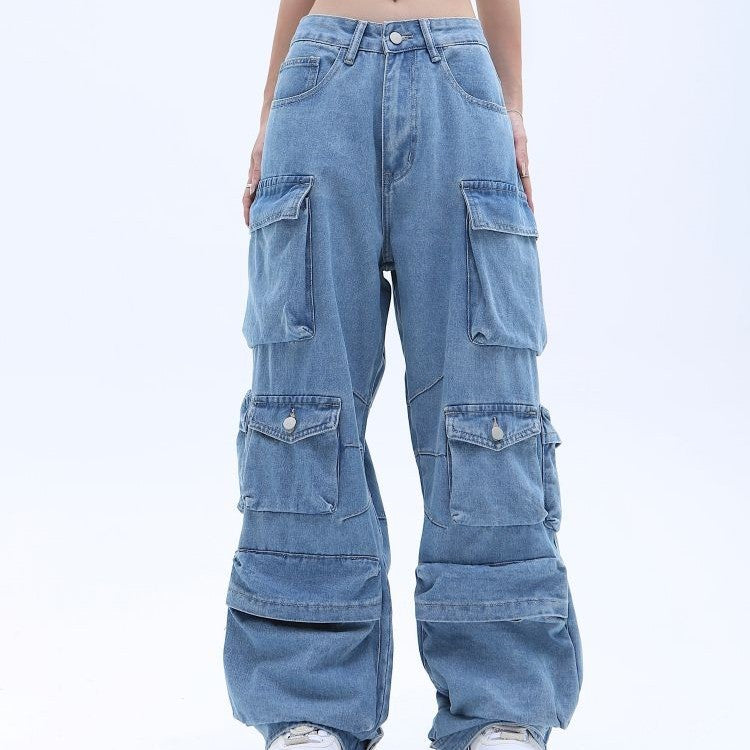 Women's Washed Baggy Jeans – Multi-Pocket High Street Style Denim Pants